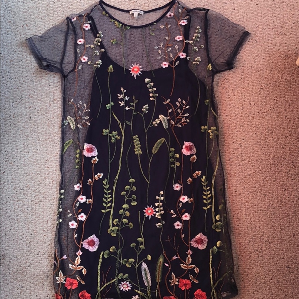 Navy Sheer Slip Dress with Floral Detail